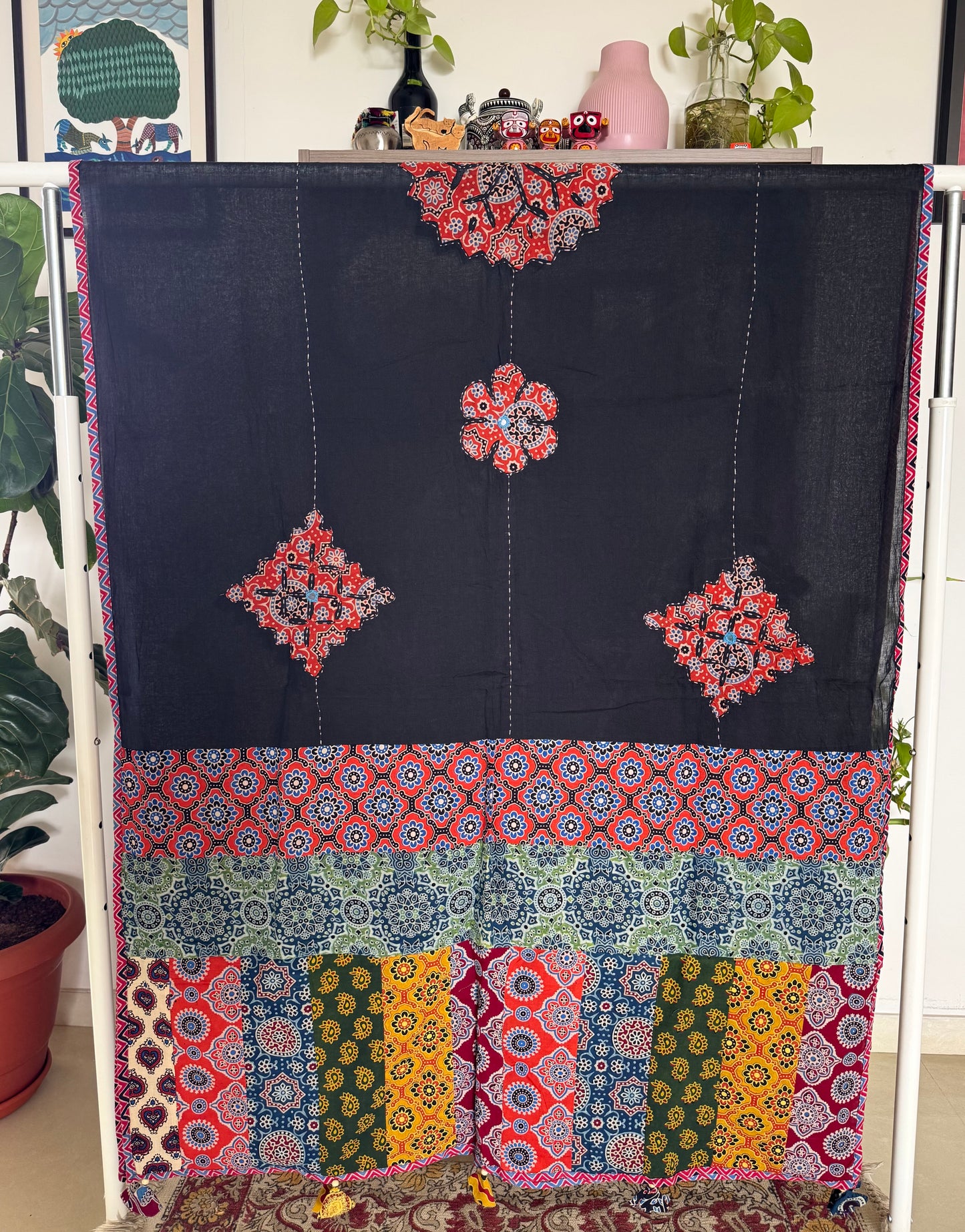 𓂃ོ⋆☀︎𓂃ᨒོ Ajrakh, Applique & Kantha Embroidered Dupatta ~ Black with Ruby Crystals𑁍ࠬ