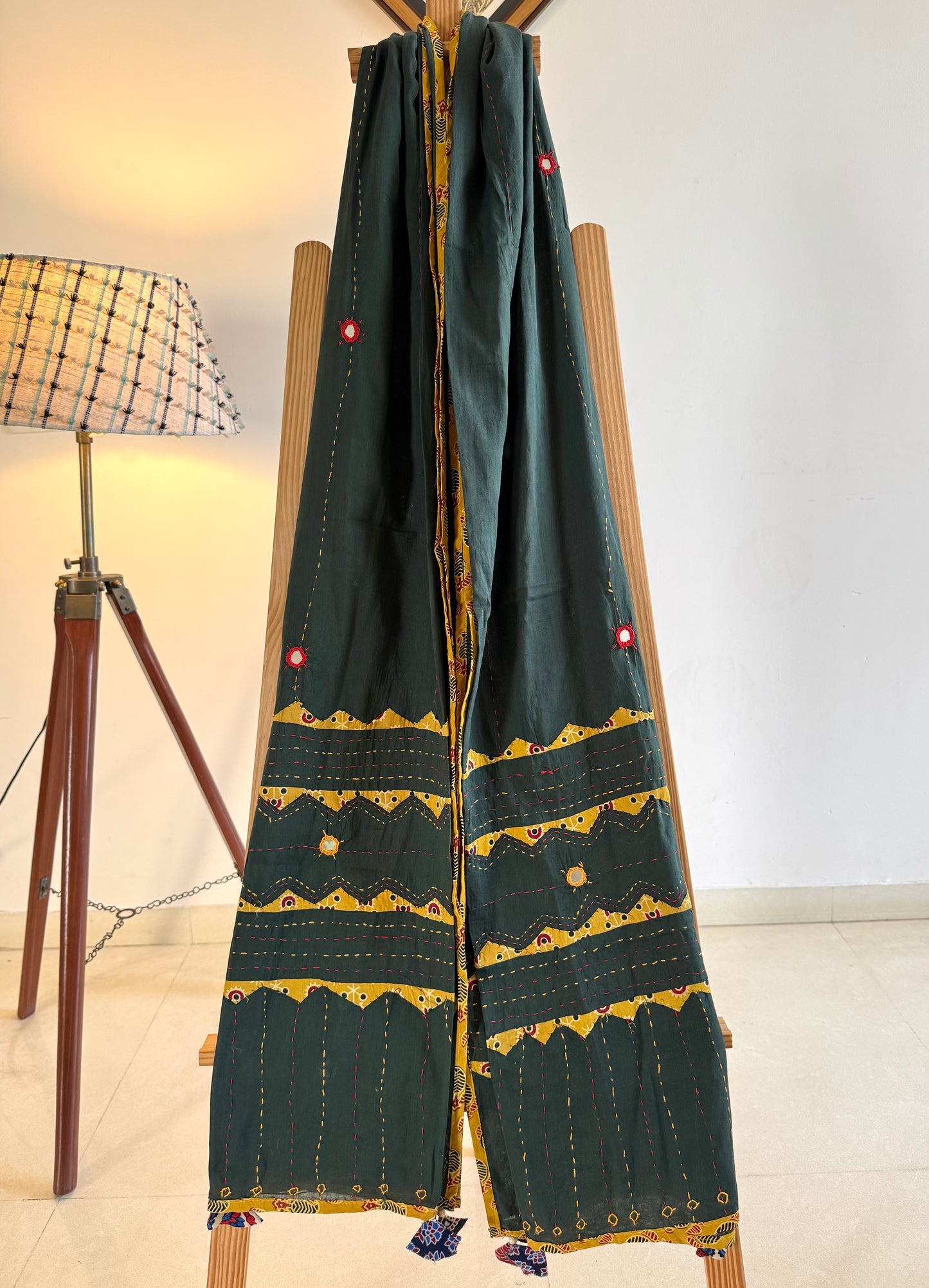 Ajrakh Applique & Kantha Embroidered Dupatta ~ Olive Green and Yellow