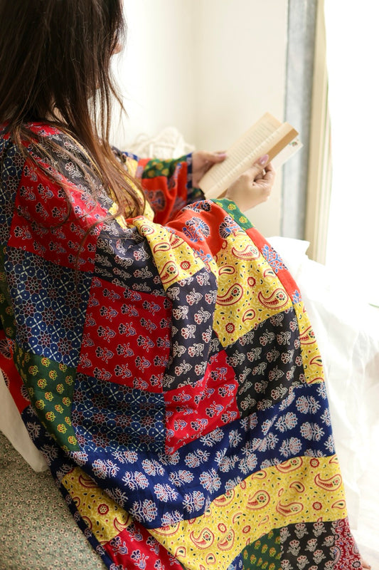 Ajrakh Applique & Kantha Embroidered Dupatta ~ Multicolored Chequered