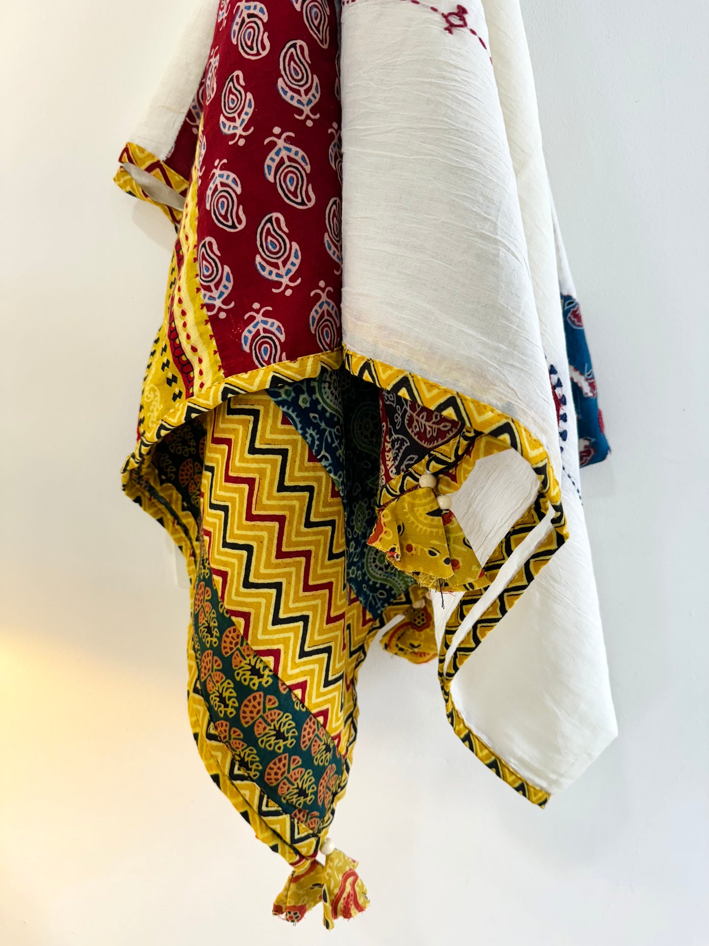 Ajrakh Applique & Kantha Embroidered Dupatta ~ White, Blue & Yellow