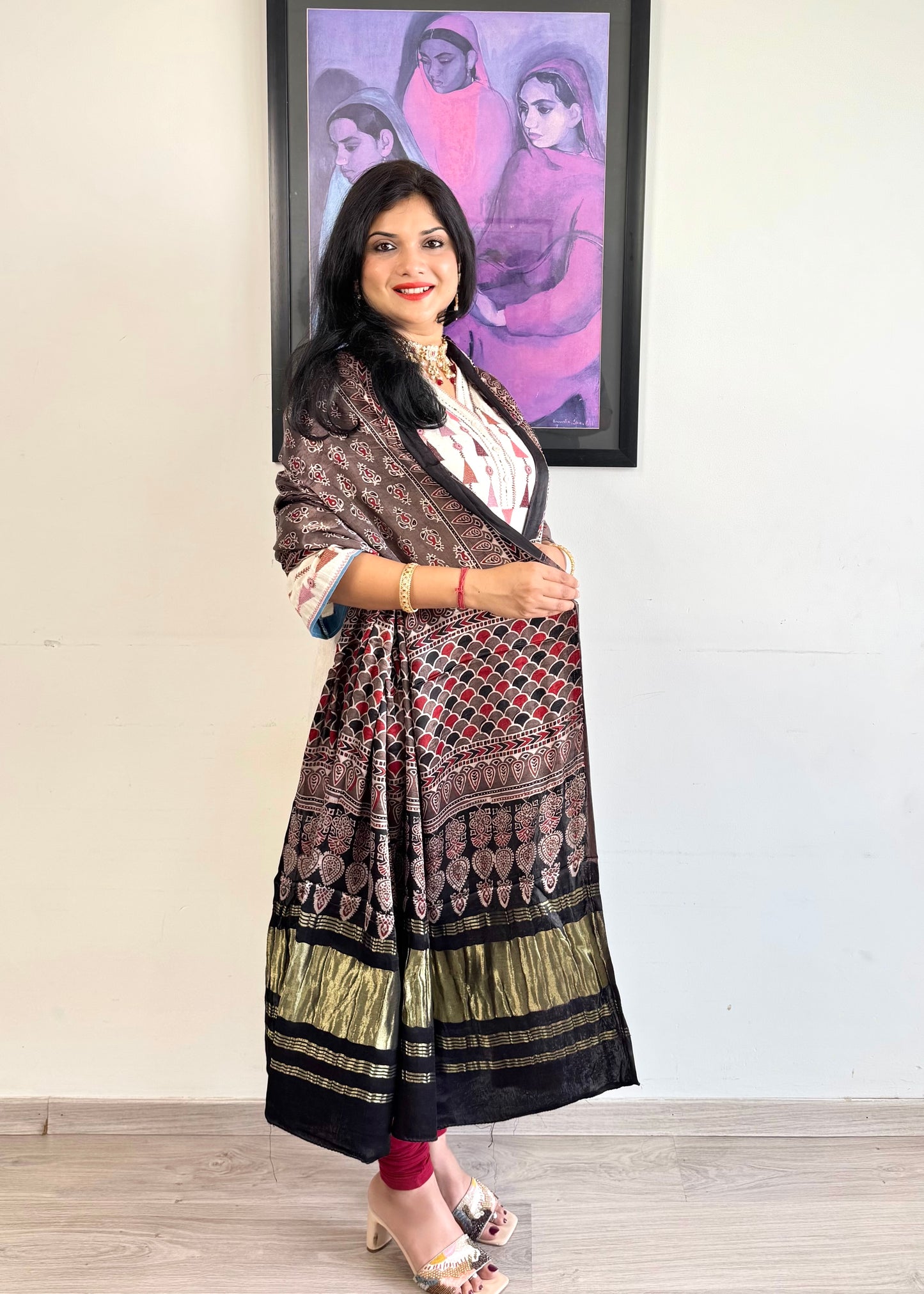 Modal Silk Ajrakh Dupatta ~ Metallic Grey Fish Scale motif w/ Zari