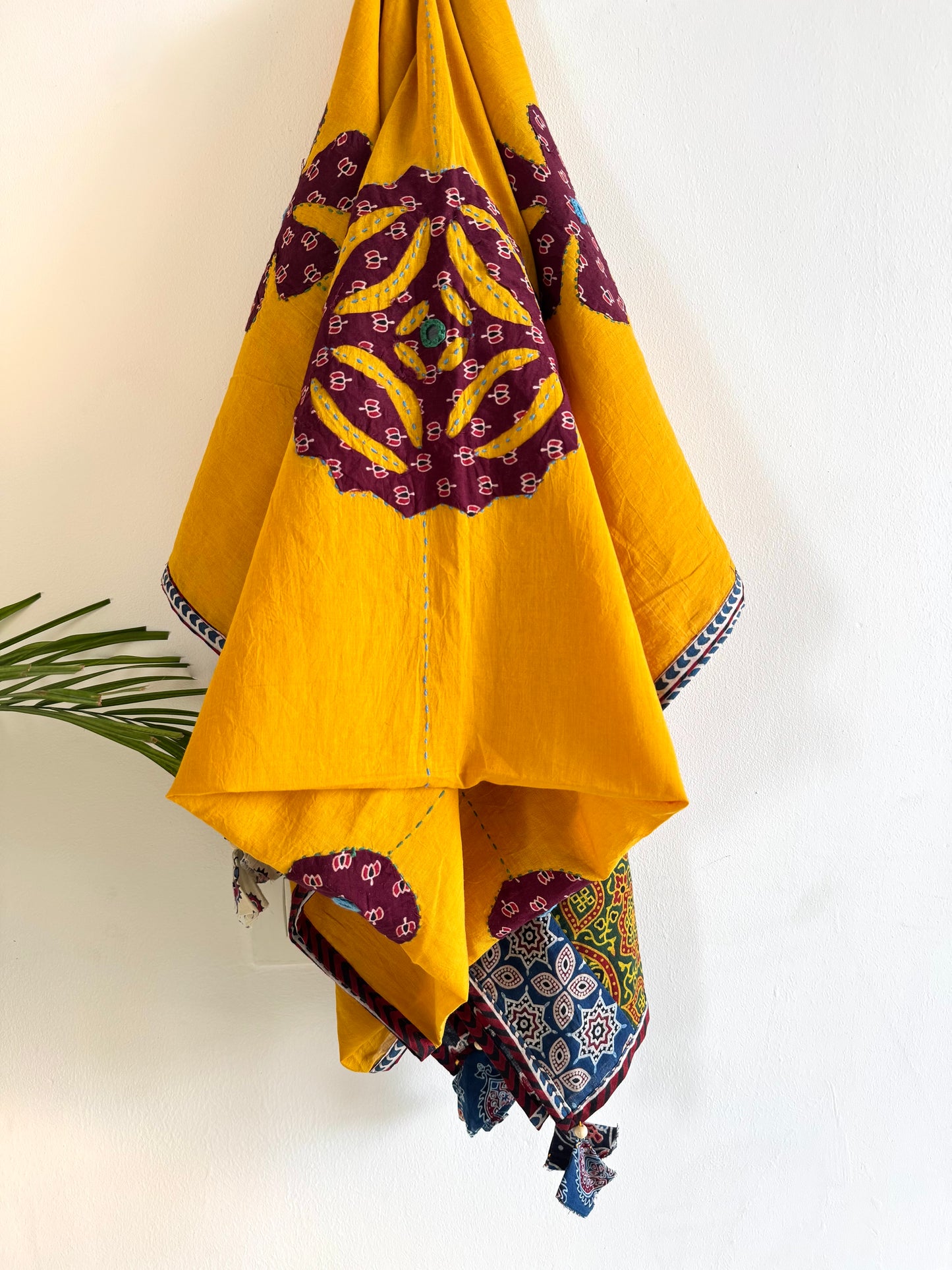 𓂃ོ⋆☀︎𓂃ᨒོ Ajrakh, Applique & Kantha Embroidered Dupatta ~ Yellow & Maroon𑁍ࠬ