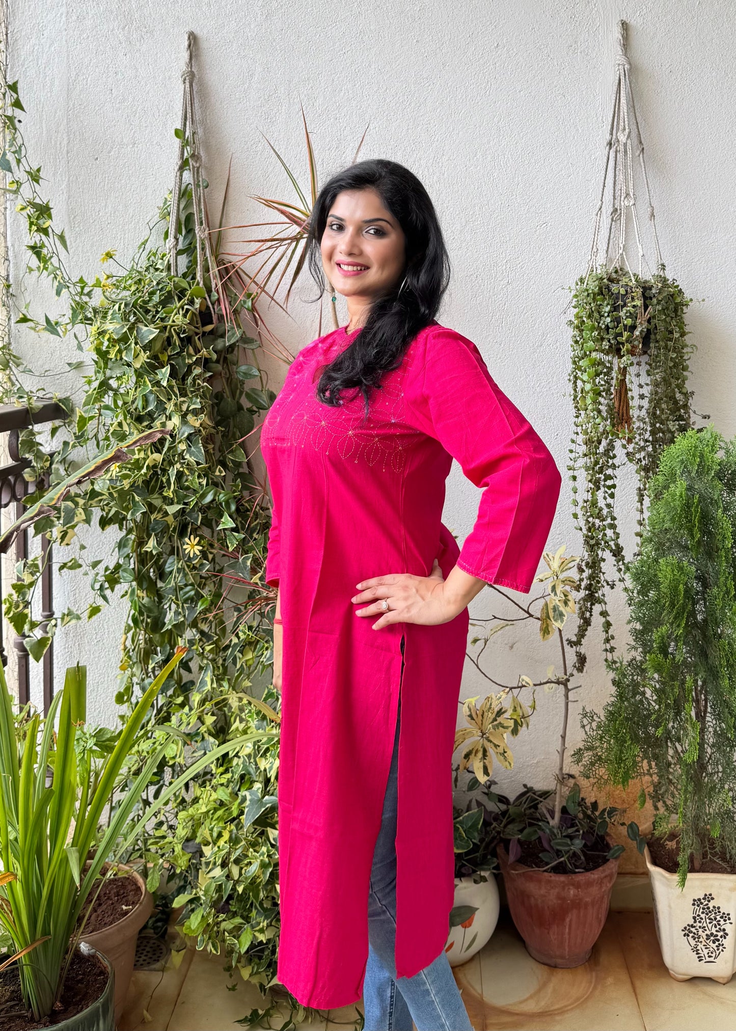 Masakali ~ Cotton Embroidered Kurti, Flamingo Pink🦩