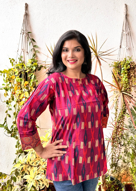 Ikkat - Brick Red Handblock Kurti