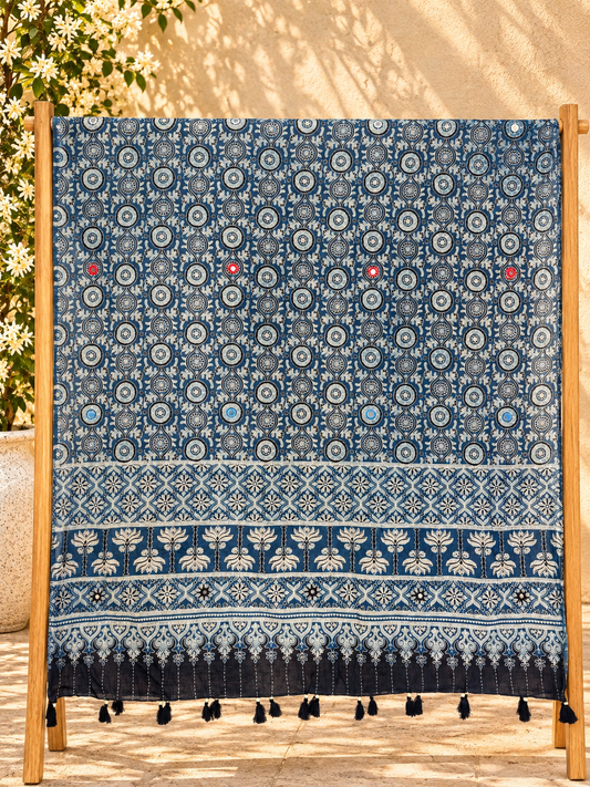 Rangrez🔅Ajrakh Mulmul Cotton Dupattas with Embroidery ~ Neel Kamal