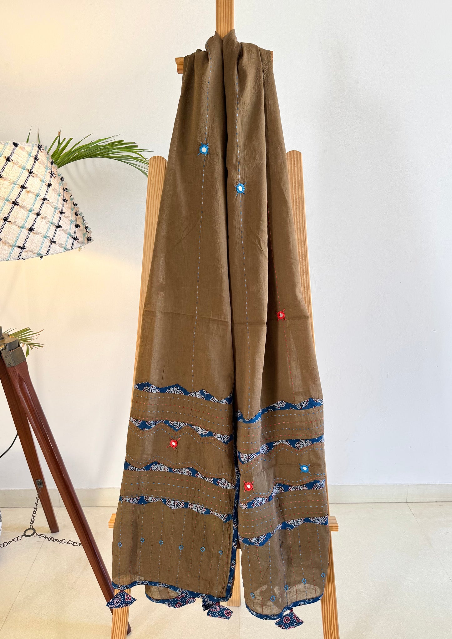 Ajrakh Applique & Kantha Embroidered Dupatta ~ Coco with Blue Patchwork