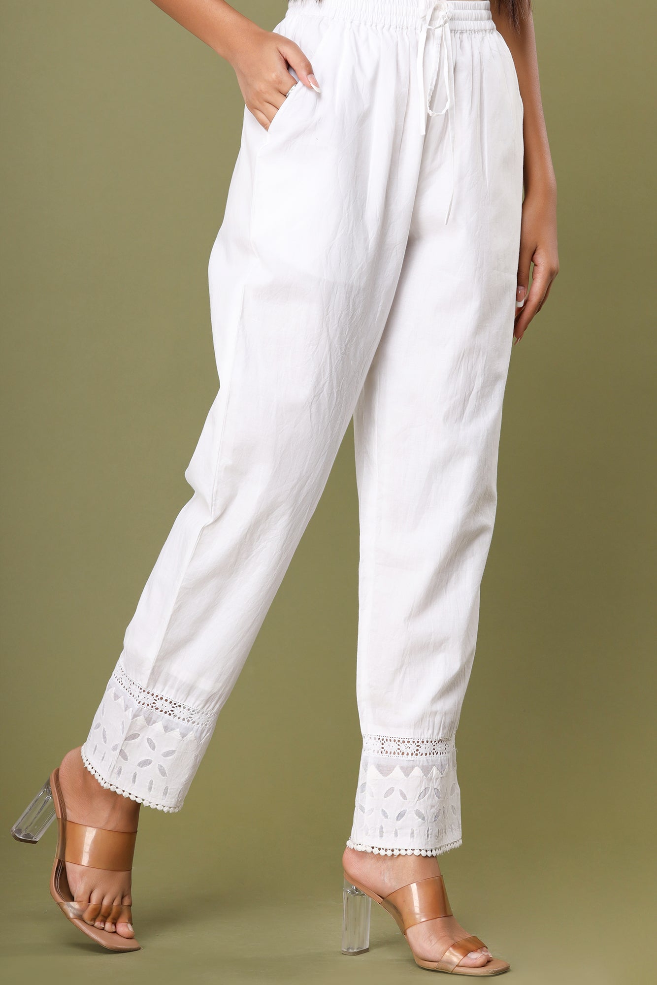 Pearl White ~ Appliqué Laced Cut Pant
