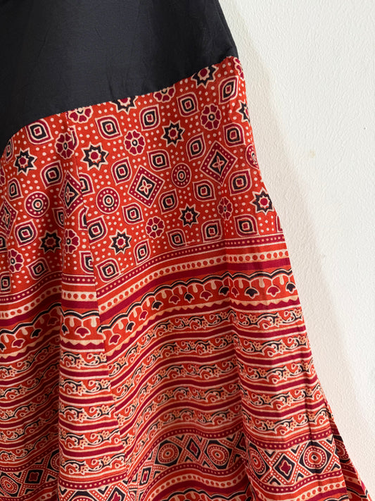 🌻Navrang ~ Ajrakh Handcrafted Long Skirts ~ Brick Orangish Red & Black