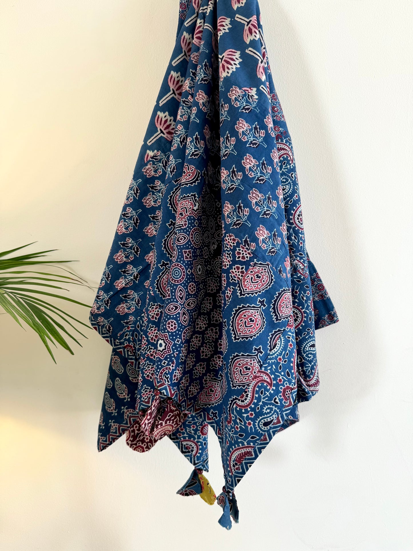 Ajrakh Applique & Kantha Embroidered Dupatta ~ Blue Chequered