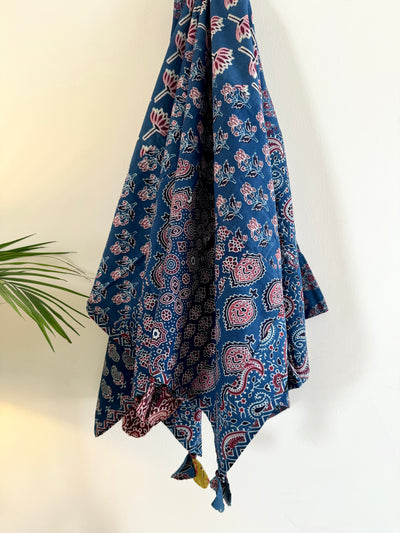 Ajrakh Applique & Kantha Embroidered Dupatta ~ Blue Chequered