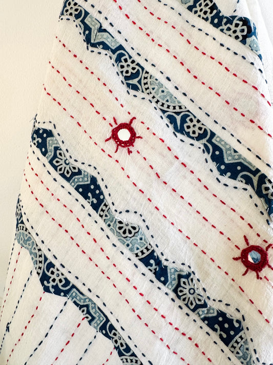 Ajrakh Applique & Kantha Embroidered Dupatta ~ White with Blue Patchwork