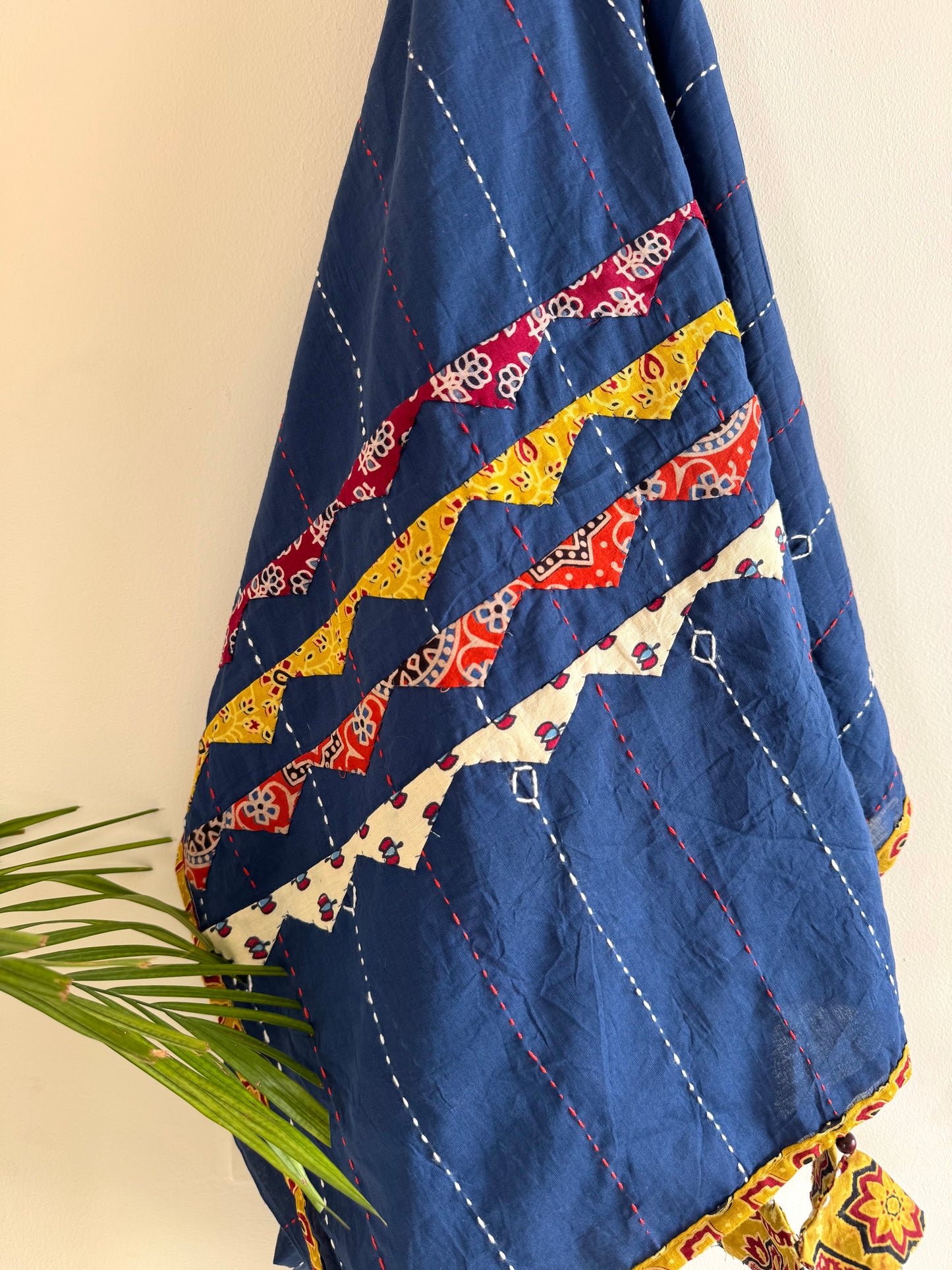 Ajrakh Applique & Kantha Embroidered Dupatta ~ Navy Blue with Multicolor Patch Work