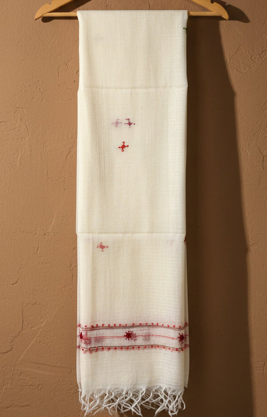 Kota Doria Hand Embroidered Dupatta ~ Beige w/ red flowers