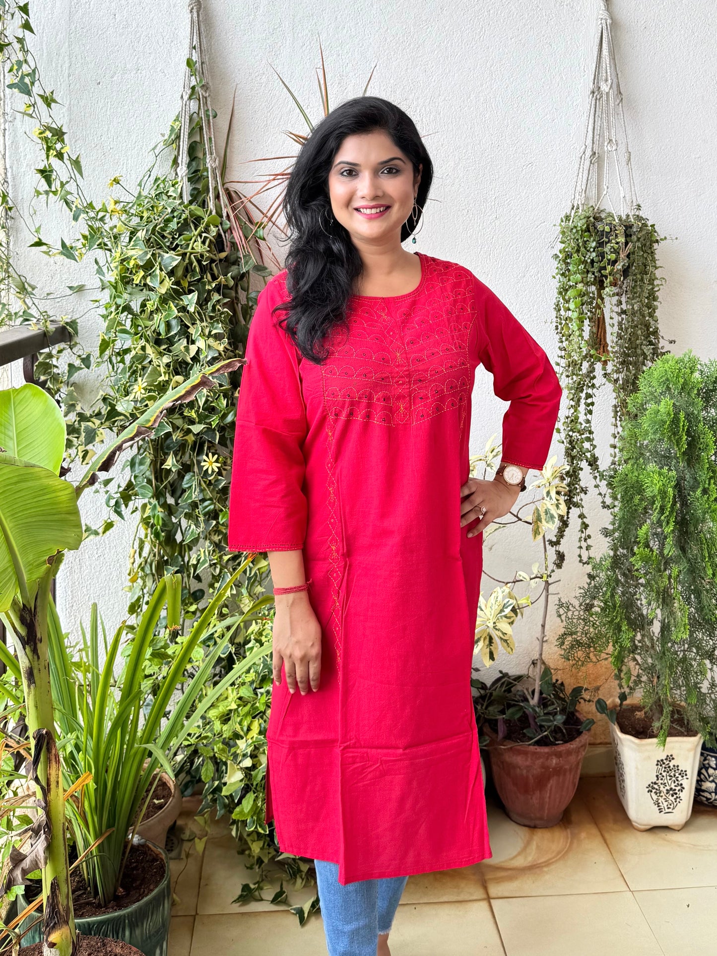 Masakali ~ Cotton Embroidered Kurti, Cherry Red 🍒