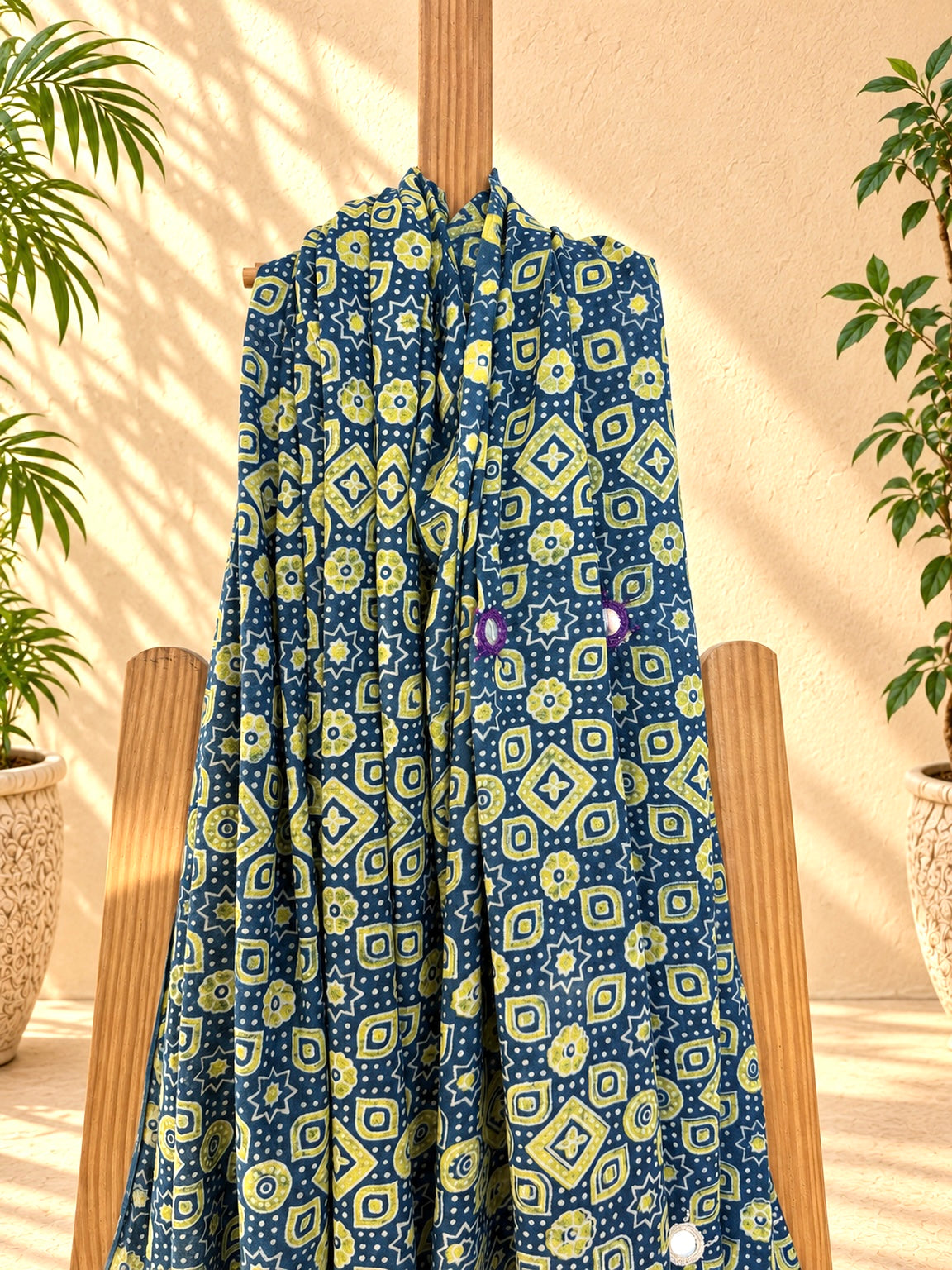 Rangrez🔅Ajrakh Mulmul Cotton Dupattas with Embroidery ~ Teal Blue w/ Grunge Texture
