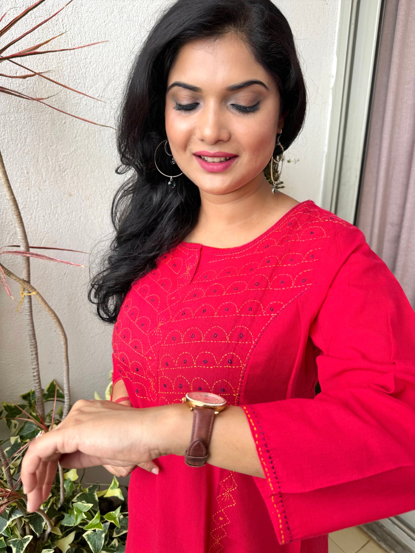 Masakali ~ Cotton Embroidered Kurti, Cherry Red 🍒
