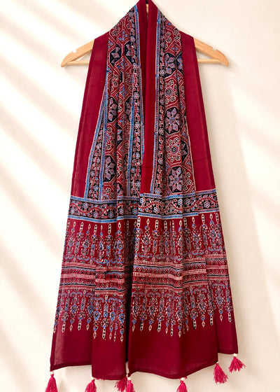 Raahi🌻Ajrakh Cotton Stoles ~ Deep red w/ geometrical motifs