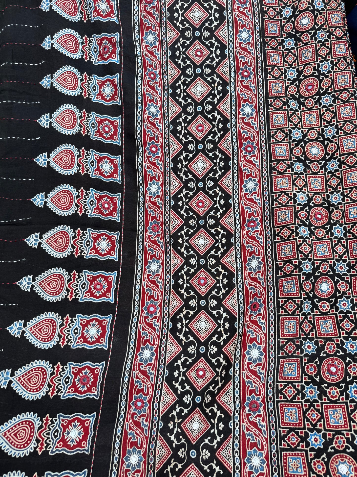 Rangrez🔅Ajrakh Mulmul Cotton Dupattas with Embroidery ~ Black and Red