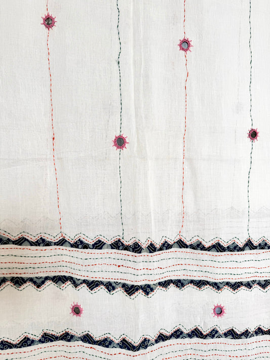 Ajrakh Applique & Kantha Embroidered Dupatta ~ White, Blue with Pink mirrors