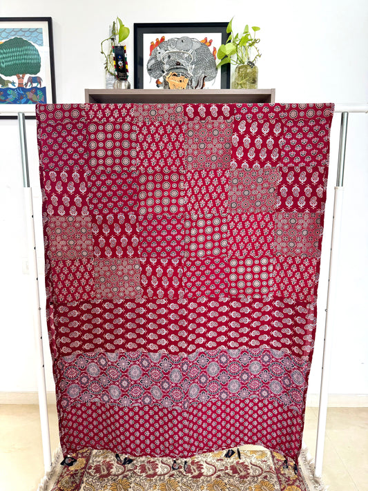 Ajrakh Applique & Kantha Embroidered Dupatta ~ Red Chequered
