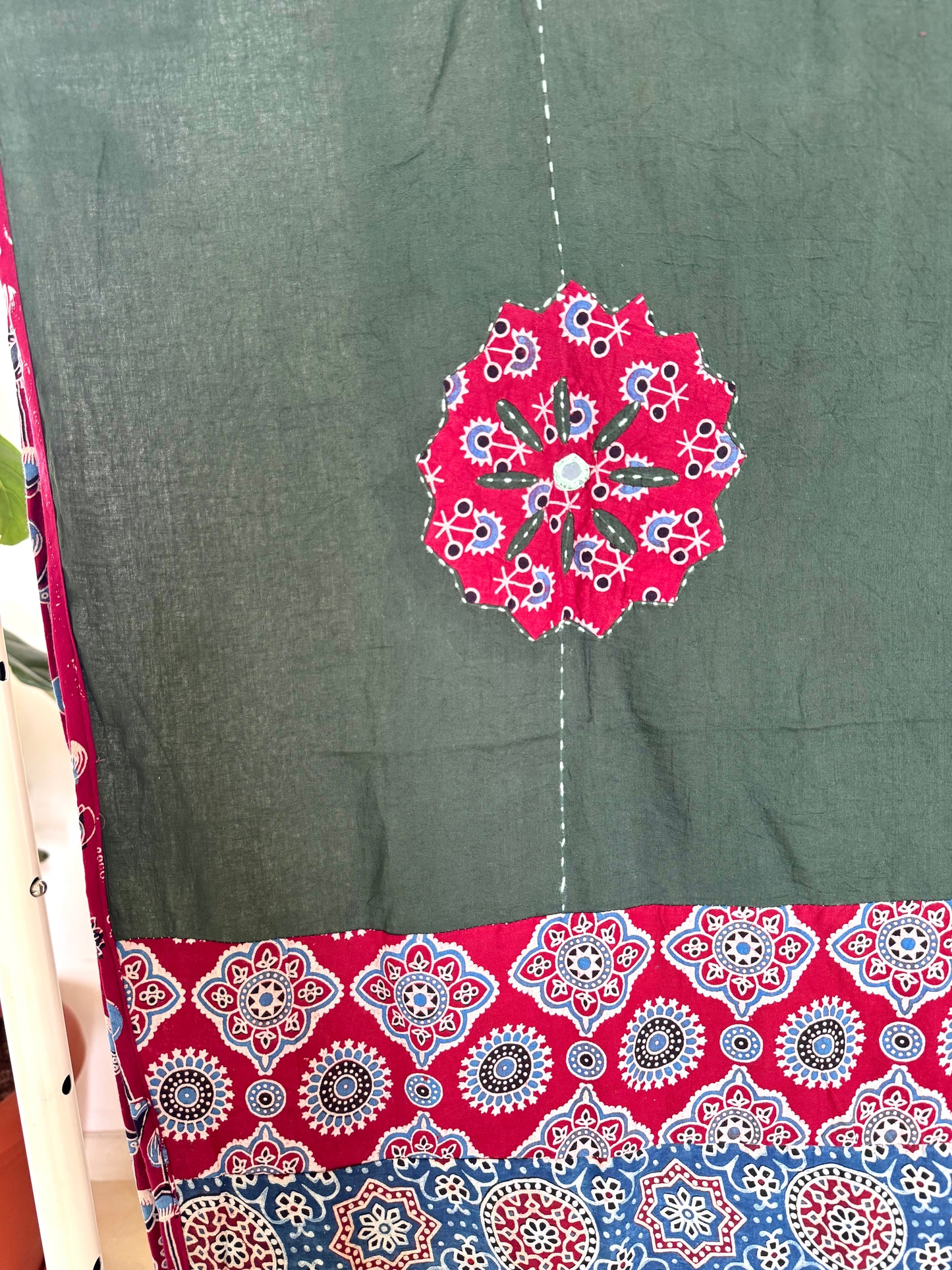 𓂃ོ⋆☀︎𓂃ᨒོ Ajrakh, Applique & Kantha Embroidered Dupatta ~ Olive Green with Ruby Crystals𑁍ࠬ