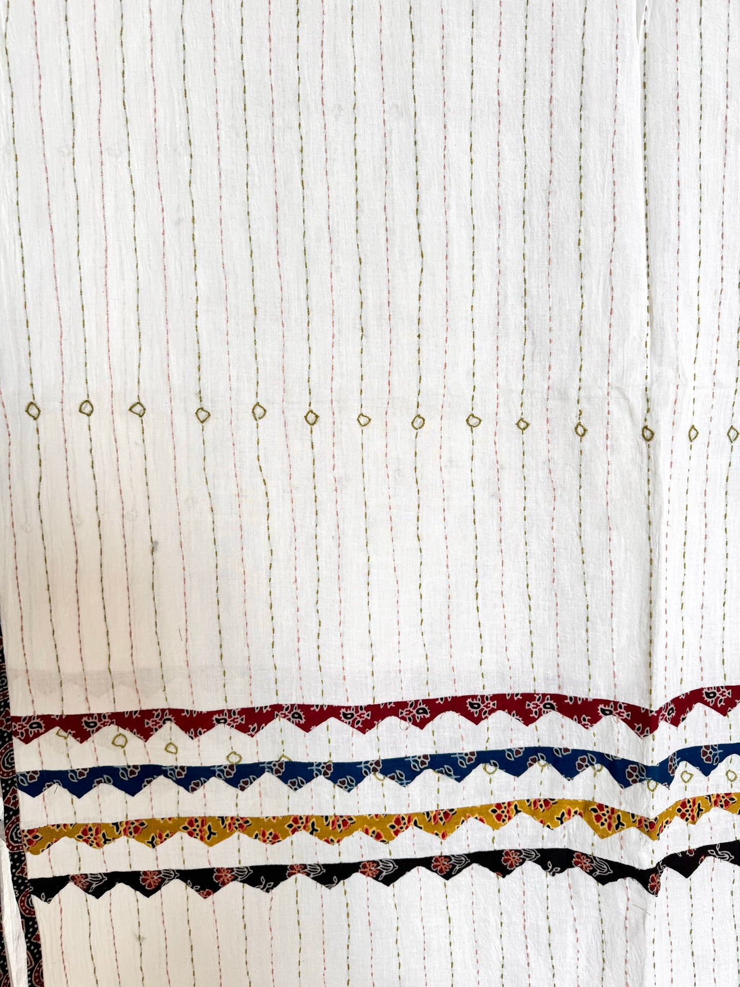 Ajrakh Applique & Kantha Embroidered Dupatta ~ White with Multicolor Patchwork