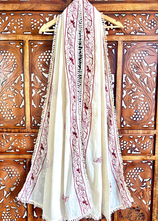 Khadi Cotton Dupatta ~ Bronze Floral Embroidery
