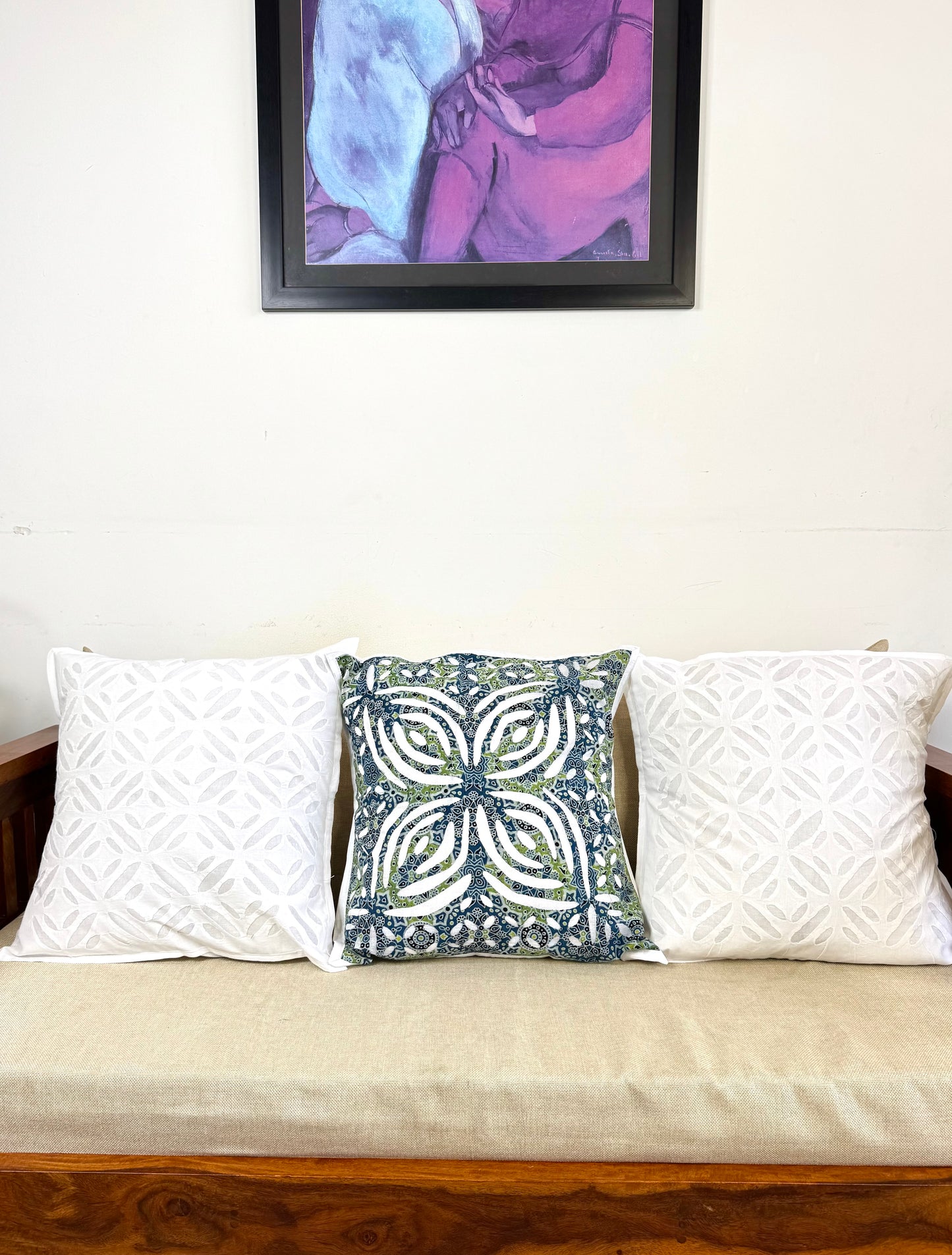 Applique cutwork Cushion cover ~ White & Green ~ Set of 3