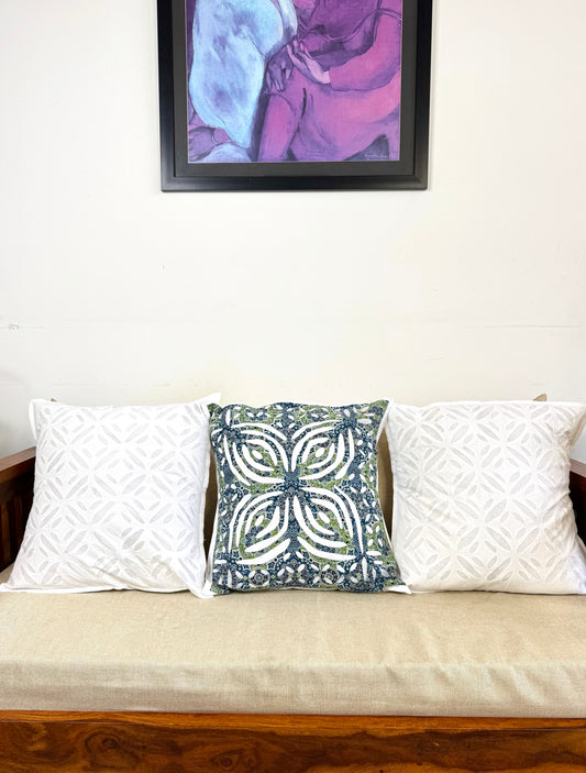 Applique cutwork Cushion cover ~ White & Green ~ Set of 3