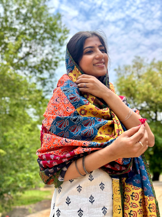 Ajrakh Applique & Kantha Embroidered Dupatta ~ Multicolored Chequered