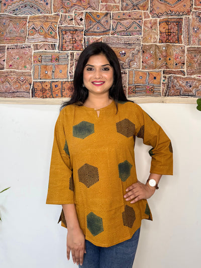Honeycomb ~ Mustard Yellow Ajrakh Handblock Kurti