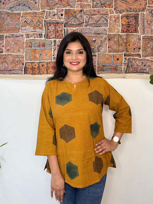 Honeycomb ~ Mustard Yellow Ajrakh Handblock Kurti