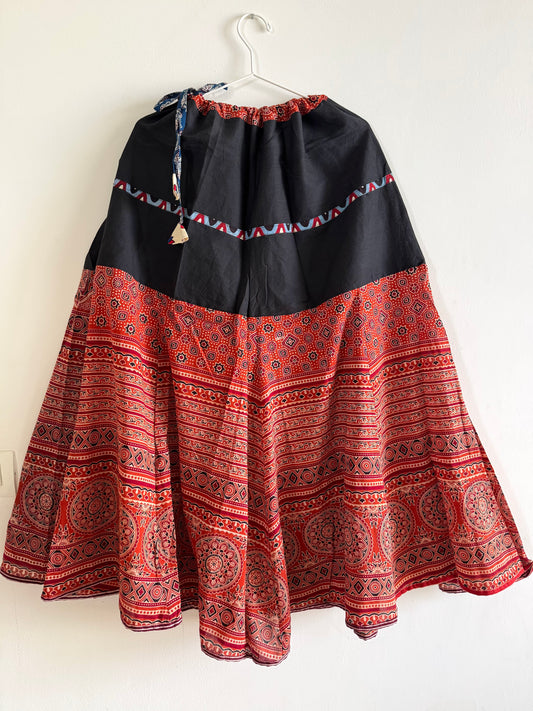 🌻Navrang ~ Ajrakh Handcrafted Long Skirts ~ Brick Orangish Red & Black
