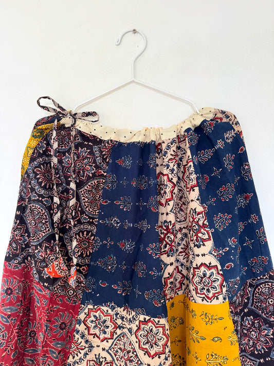 🌻Navrang ~ Ajrakh Handcrafted Long Skirt ~ Multicolor w/ cream polka border