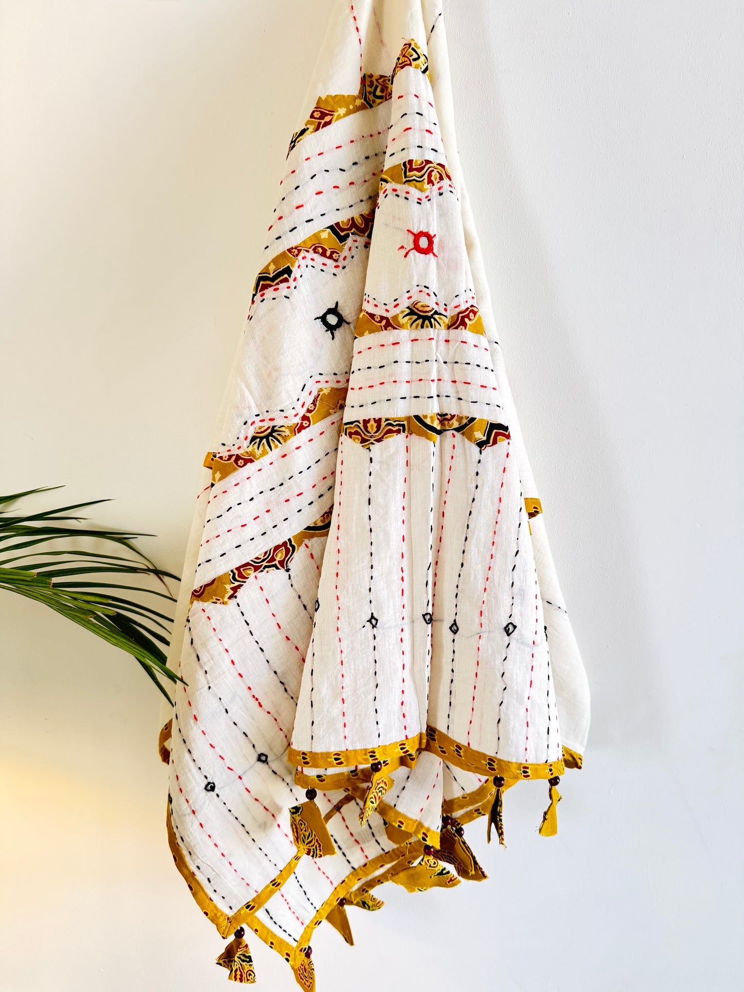 Ajrakh Applique & Kantha Embroidered Dupatta ~ White with Yellow Patchwork