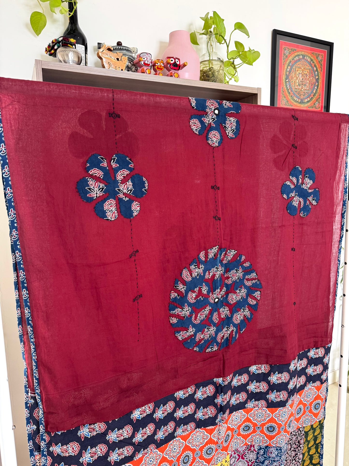 𓂃ོ⋆☀︎𓂃ᨒོ Ajrakh, Applique & Kantha Embroidered Dupatta ~ Burgundy Red 𑁍ࠬ
