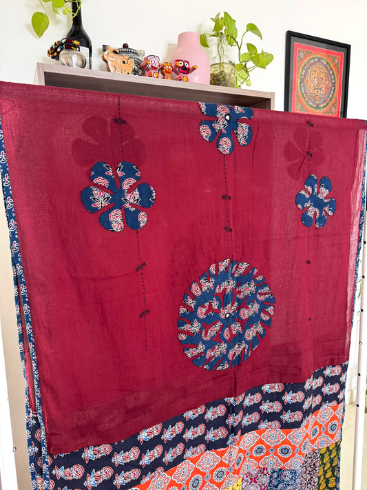 𓂃ོ⋆☀︎𓂃ᨒོ Ajrakh, Applique & Kantha Dupatta ~ Burgundy Red w/ Blue Flowers 𑁍ࠬ