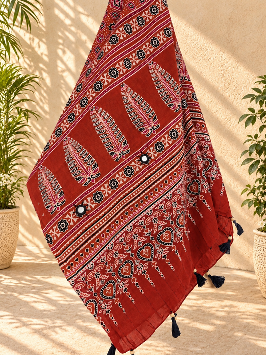Rangrez🔅Ajrakh Mulmul Cotton Dupattas with Embroidery ~ Orangish Red