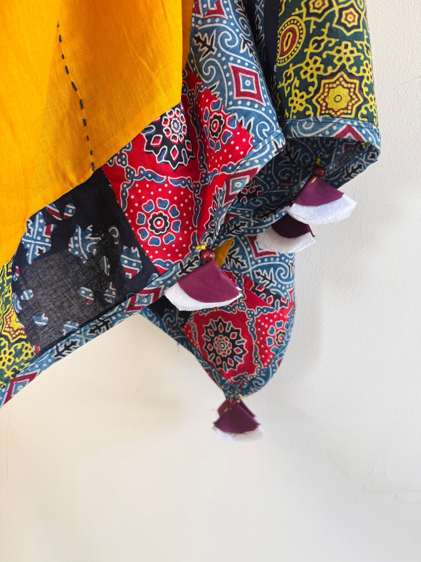 Ajrakh Applique & Kantha Embroidered Dupatta ~ Mustard Yellow with Flowers