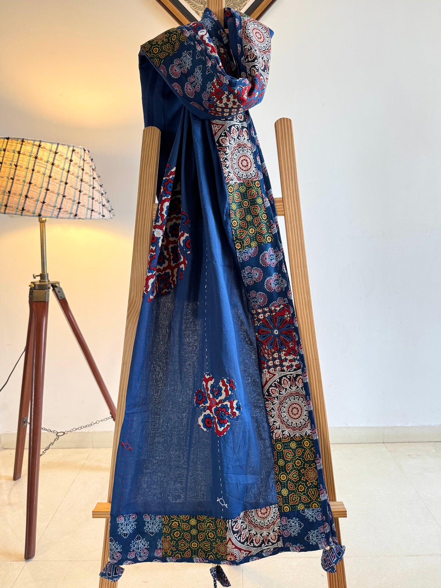 Ajrakh Applique & Kantha Embroidered Dupatta ~ Navy Blue with Multicolor Flowers
