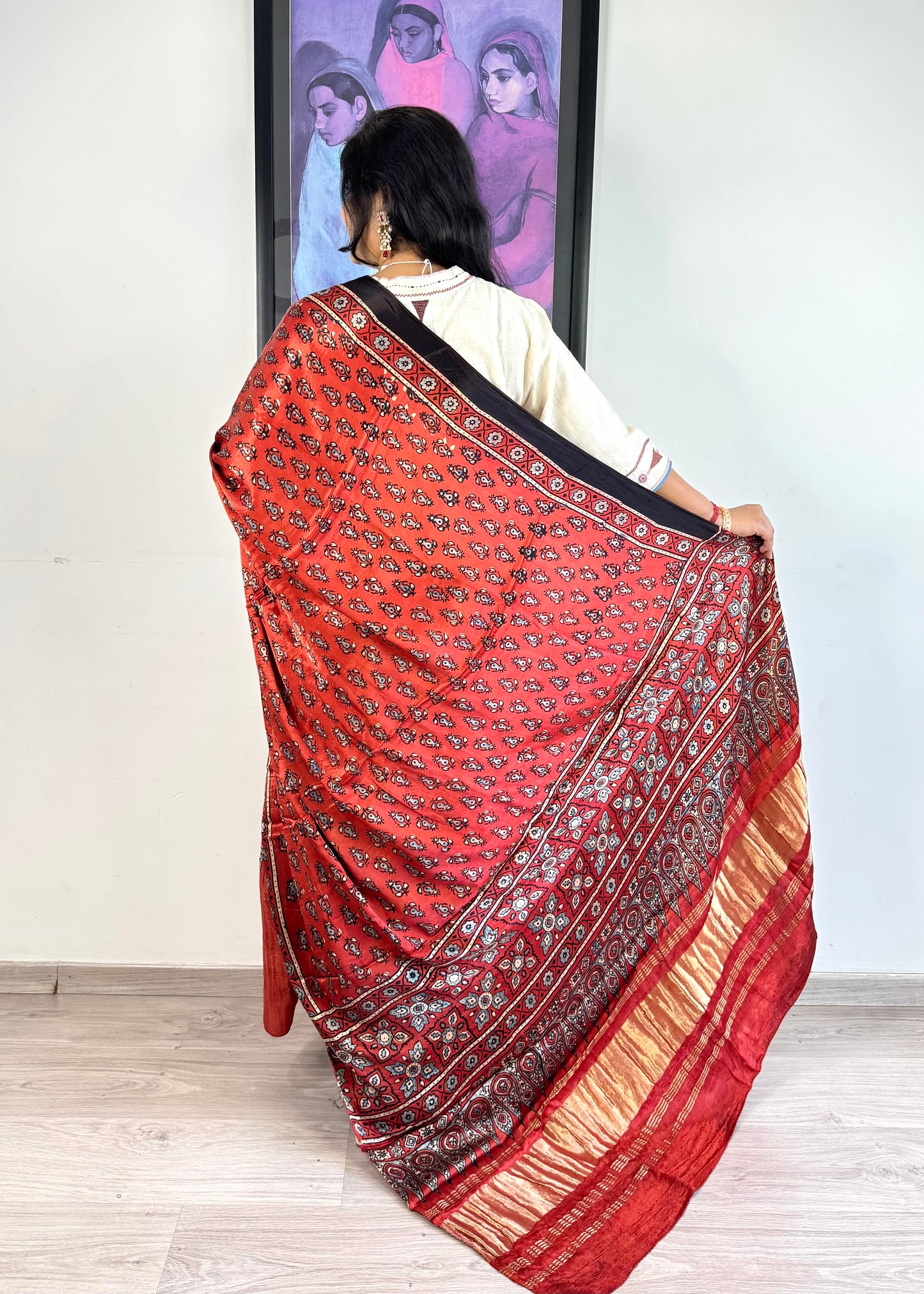 Modal Silk Ajrakh Dupatta ~ Brick Red Tulip Motif w/ Zari
