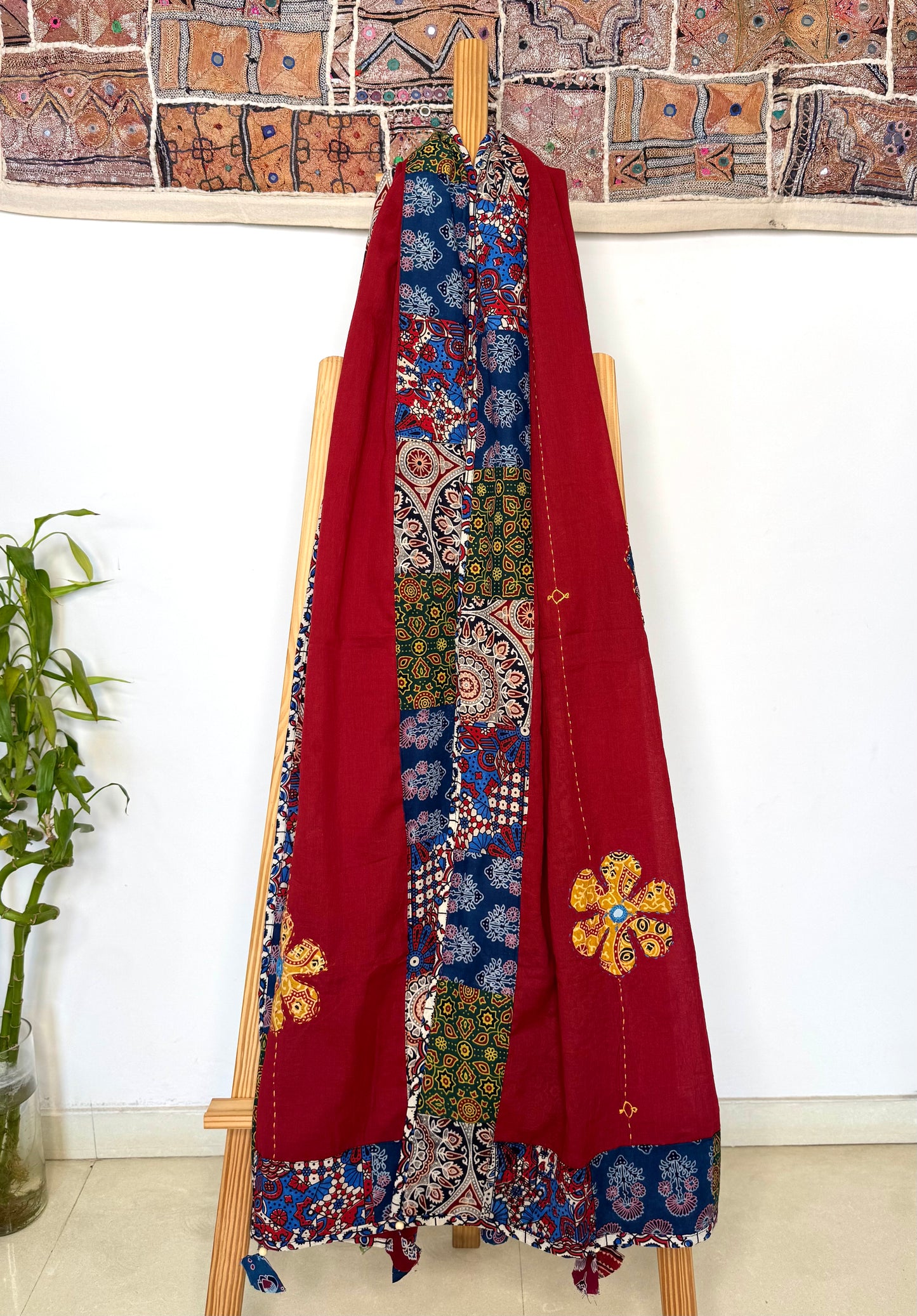 𓂃ོ⋆☀︎𓂃ᨒོ Ajrakh, Applique & Kantha Embroidered Dupatta ~ Ruby Red 𑁍ࠬ