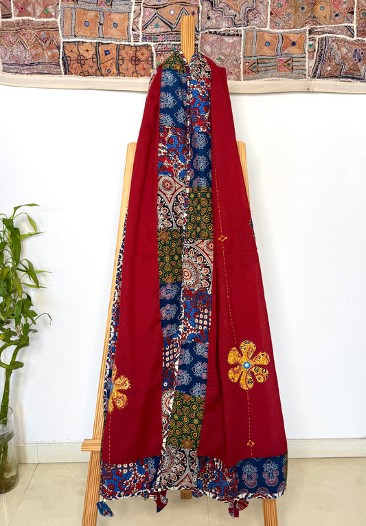 𓂃ོ⋆☀︎𓂃ᨒོ Ajrakh, Applique & Kantha Embroidered Dupatta ~ Ruby Red 𑁍ࠬ