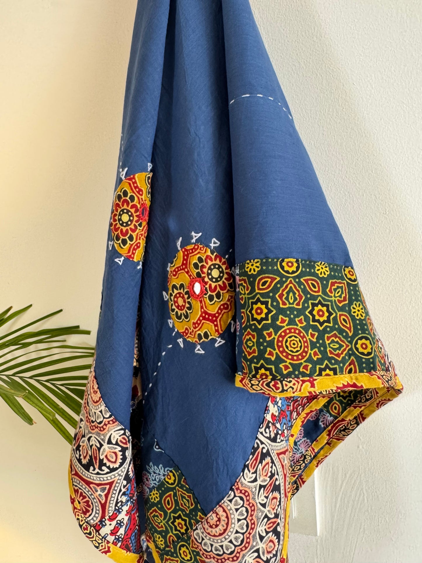 Ajrakh Applique & Kantha Embroidered Dupatta ~ Navy Blue with Mustard Flowers