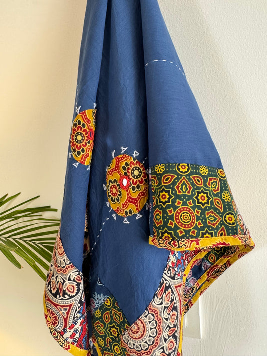 Ajrakh Applique & Kantha Embroidered Dupatta ~ Navy Blue with Mustard Flowers