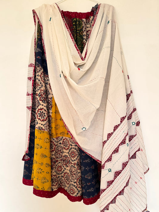 ✨Navrang ~ Ajrakh Lehenga and Dupatta Set ~ Multicolored w/ Red polka border