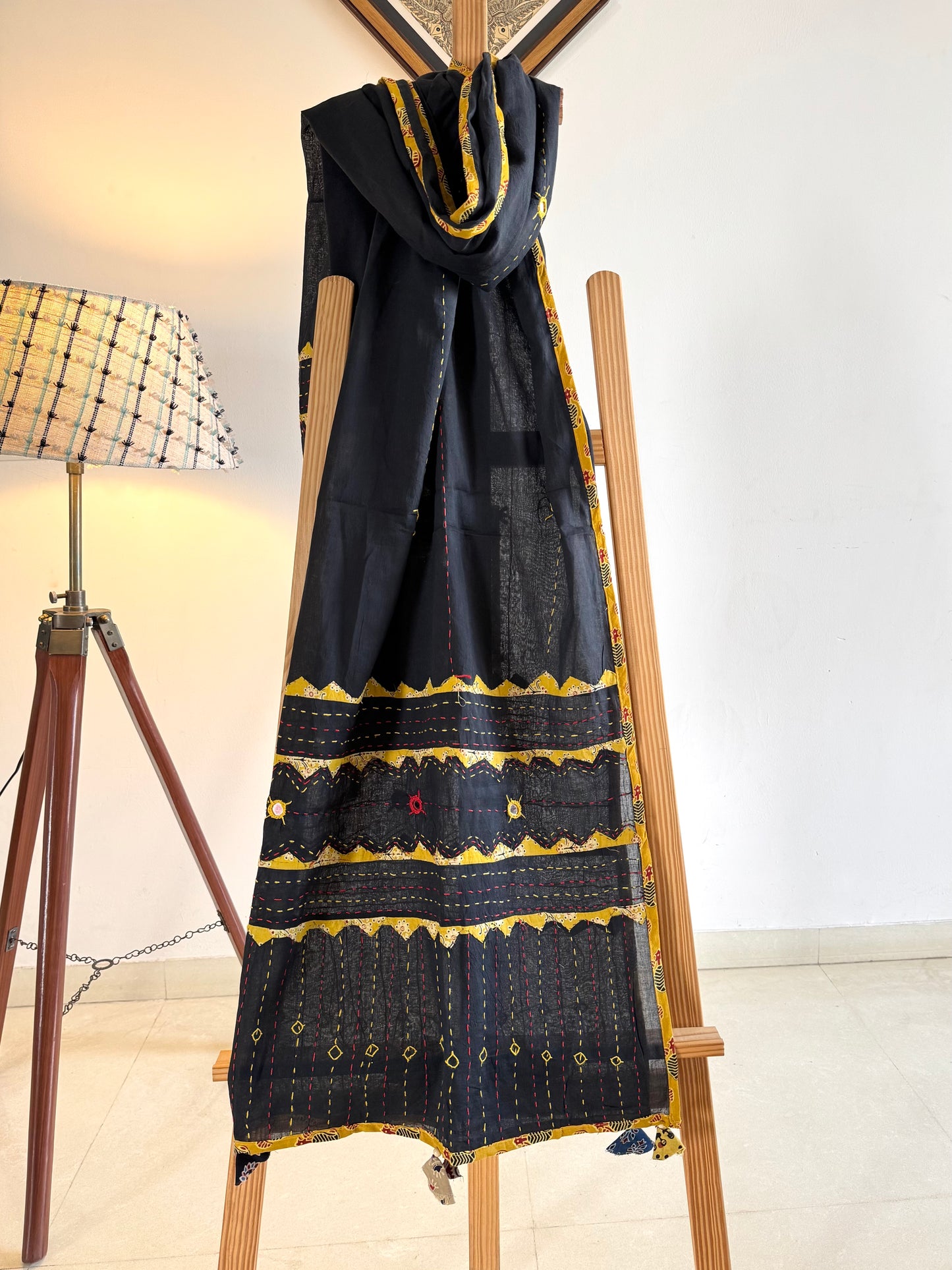 Ajrakh Applique & Kantha Embroidered Dupatta ~ Black & Yellow