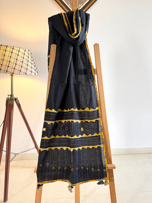 Ajrakh Applique & Kantha Embroidered Dupatta ~ Black & Yellow