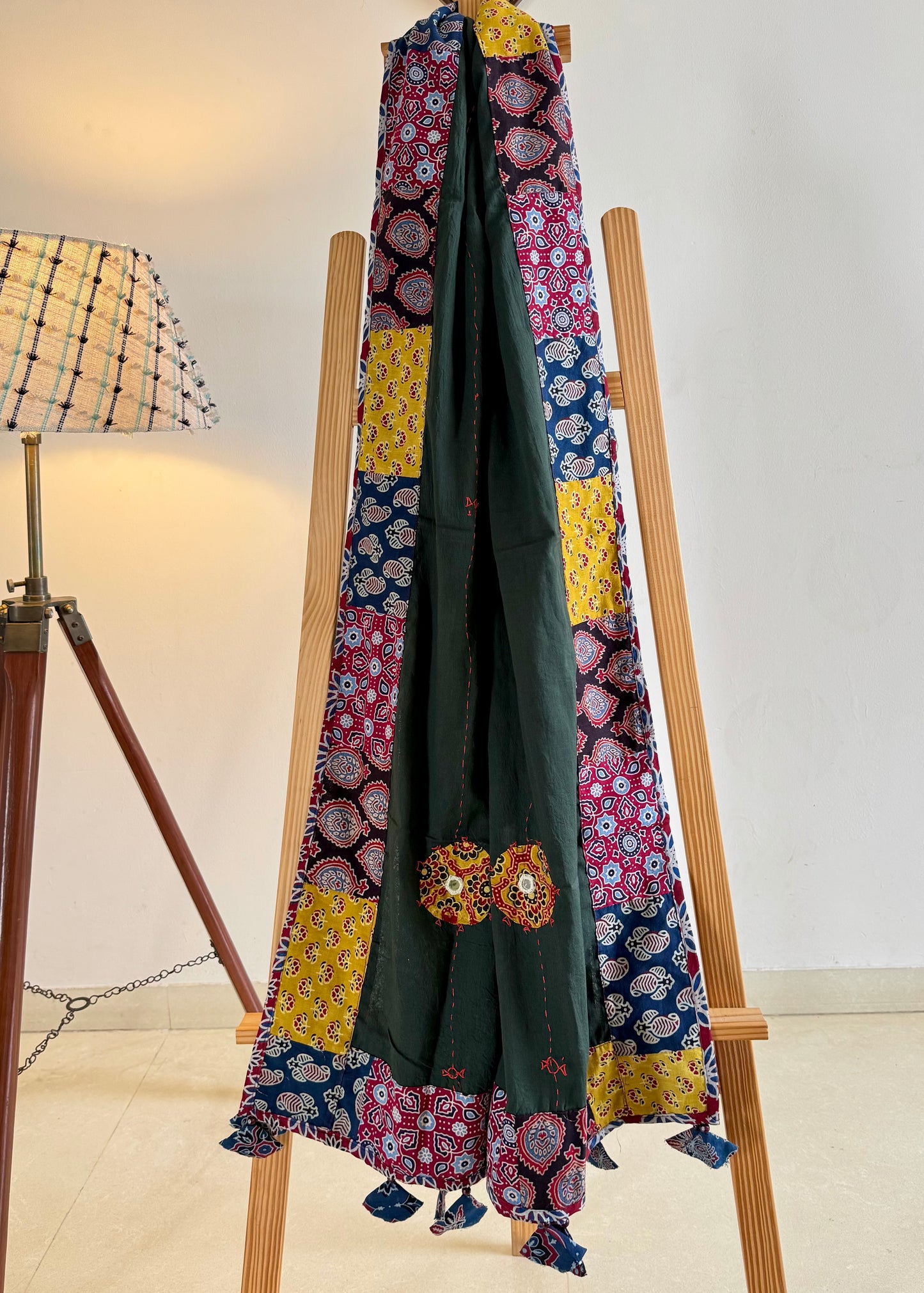 𓂃ོ⋆☀︎𓂃ᨒོ Ajrakh, Applique & Kantha Embroidered Dupatta ~ Olive Green & Yellow 𑁍ࠬ