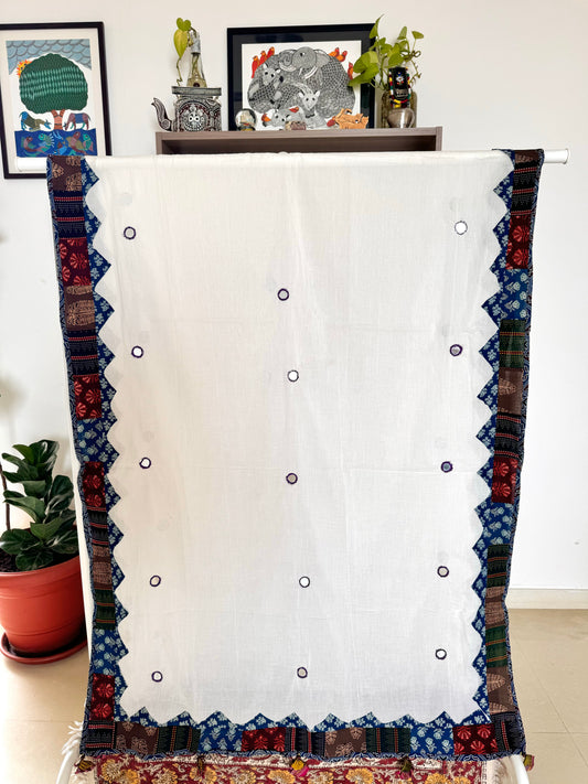 Ajrakh Applique & Kantha Embroidered Dupatta ~ White with Purple Mirrors